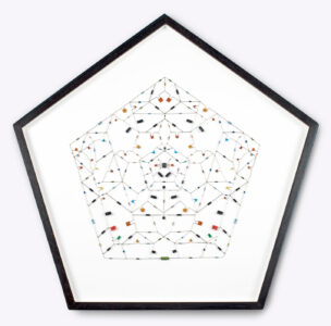 Pentagon-shaped framed artwork of electronic components and copper wires soldered together to create a mandalic geometric figure.